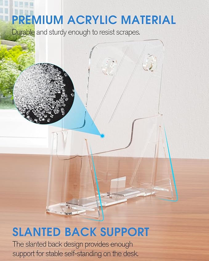 KTRIO Acrylic Brochure Holder 8.5 x 11 Clear Flyer Display Stand, Plastic Literature Holder for Trifold Brochures, Magazines, Menus, Pamphlets, Booklets, Documents, Desk or Wall Mount, 2 Pack