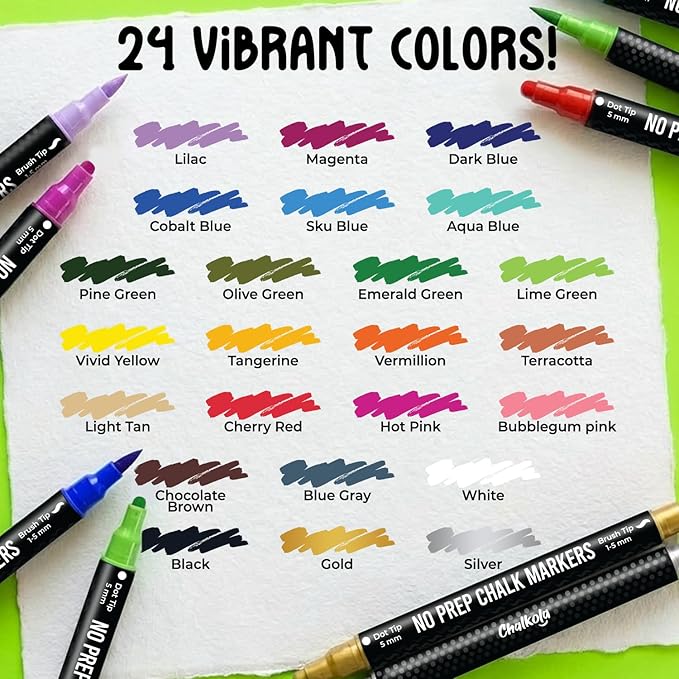Chalkola Dual Tip Chalk Markers for Blackboard - (24 Colors, Dot + Brush Tip, No Pumping) | Erasable Liquid Chalk Markers for Chalkboard, Glass, Car Window, Mirror - Washable Water Based Ink Pen