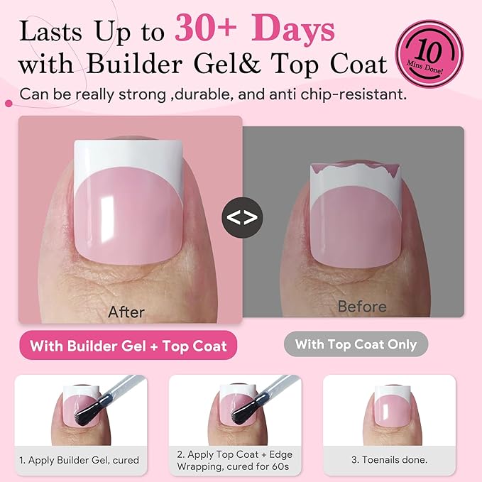 Press On Toenails for Women French Tips, Sharp Square Pre-applied Primer & Base Coat Toe Nail Press Ons Baby Pink Full Cover Fake Tips Extension 15 Sizes 270 Pcs