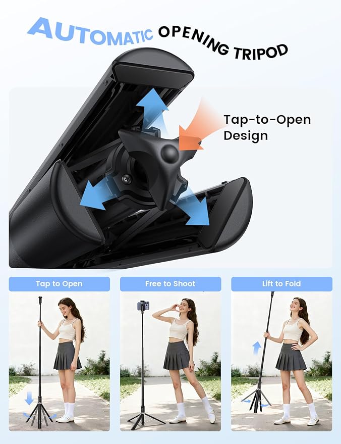 Lamicall 65" Tripod for iPhone 0.77lb Selfie Stick with Remote & Cold Shoe | Auto Open Phone Tripod Ultra-Stable Phone Stand for Recording for Travel Live Stream Vlog fit iPhone 17 Pro Max Android-Black