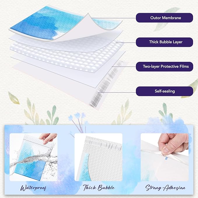 Fuxury Bubble Mailers 6x10" Blue Watercolor Small Padded Envelopes 100 Pack Usable Size 6x9" Strong Adhesion Bubble Envelopes Thick Padded Mailers Waterproof Shipping Bags for Jewelry Makeup #0