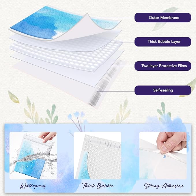 Fuxury Bubble Mailers 6x10" Blue Watercolor Small Padded Envelopes 600 Pack | Usable Size 6x9" Strong Adhesion Bubble Envelopes Thick Padded Mailers Waterproof Shipping Bags for Jewelry Makeup #0