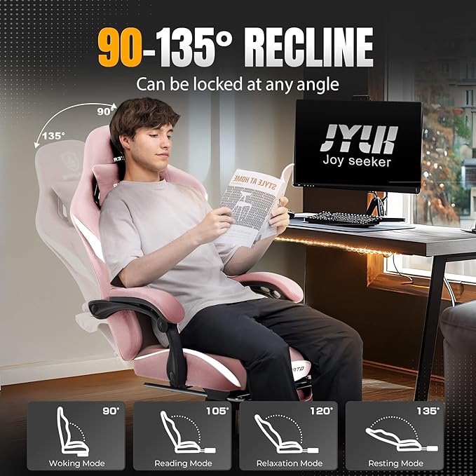 GTPLAYER Gaming Chair with Foot Rest & Pocket Spring Cushion, Breathable Fabric for Home Office Desk, Ergonomic High Back Computer Chair with Headrest & Lumbar Support, Pink