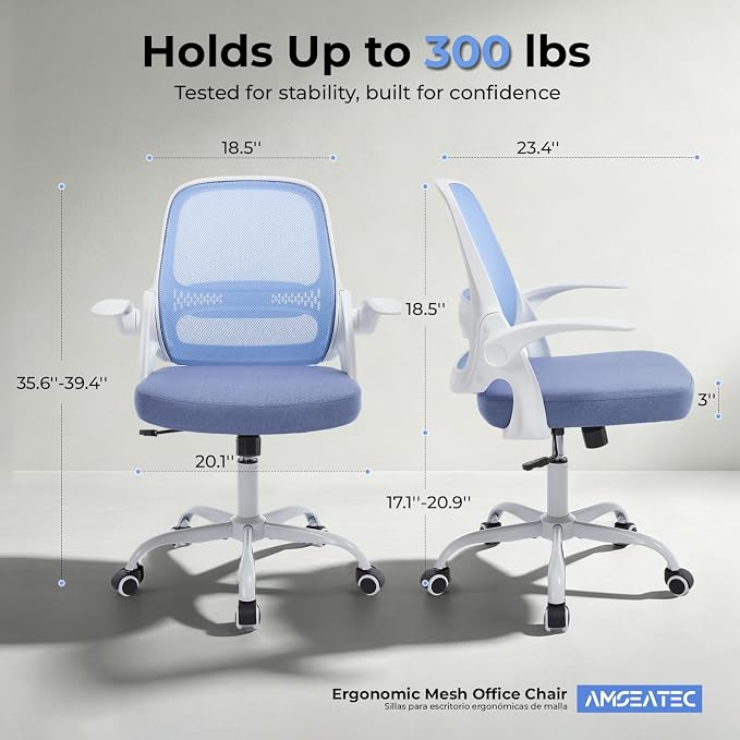 amseatec Mesh Office Chair, Ergonomic Home Office Chair with Flip-Up Arms | Breathable Mesh Back & 3" cushion. BIFMA Certified. 90-110° Rocking. Supports 300 lbs.