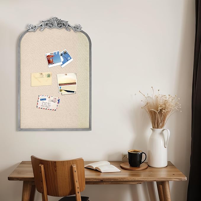 Vintage Framed Pin Board Linen Display Bulletin Board Large Ornate Fabric Picture Photo Pinboard Memo Decorative Prayer Pinboard Ornate for Wall Gift(Arch,19" X 31",Silver)