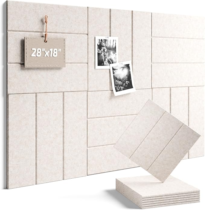28" x 18" Cork Board Alternative, Wide Stripe, Oatmeal | 6-Pack Felt Pin Board Tiles, 30 Adhesive Tabs, Custom Wall Layout, Photo Display, Memo Board, Office, Classroom, Dorm