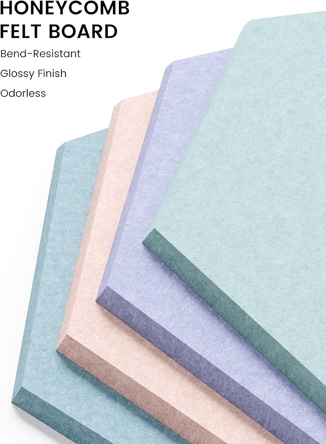 Fluxynara 12-Pack Hexagon Felt Bulletin Board Tiles, Coastal Haze-1 | Cork Board Alternative with 60 Adhesive Tabs for Notes, Photos and Reminders in Home Offices, Dorm and Classrooms