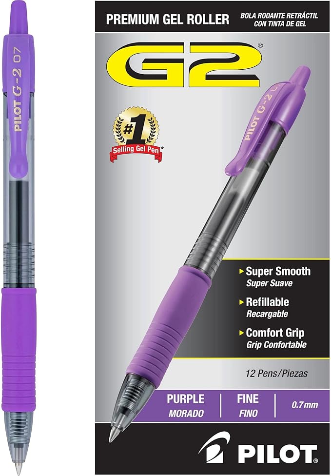 PILOT G2 Premium Refillable and Retractable Rolling Ball Gel Pens, Fine Point, Purple Ink, 12-Pack (31029)