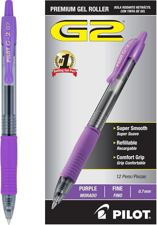 PILOT G2 Premium Refillable and Retractable Rolling Ball Gel Pens, Fine Point, Purple Ink, 12-Pack (31029)