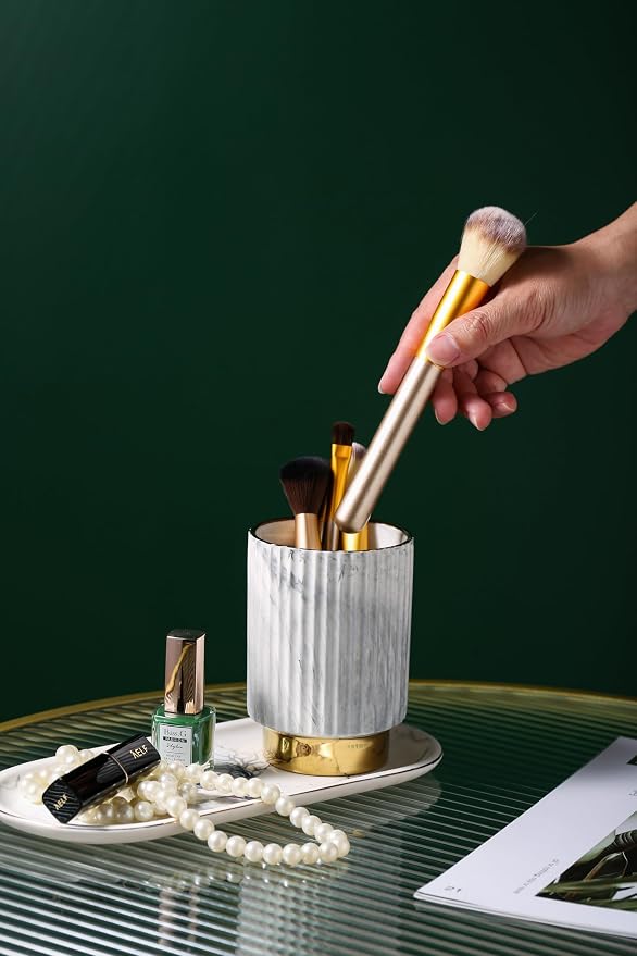 Makeup Brush Holder Organizer Pen Pencil Cup Glass Make Up Brushes and Toothbrush Organizer for Bathroom Vanity Desktop European Style Striped Brushes Container,Grey and Gold