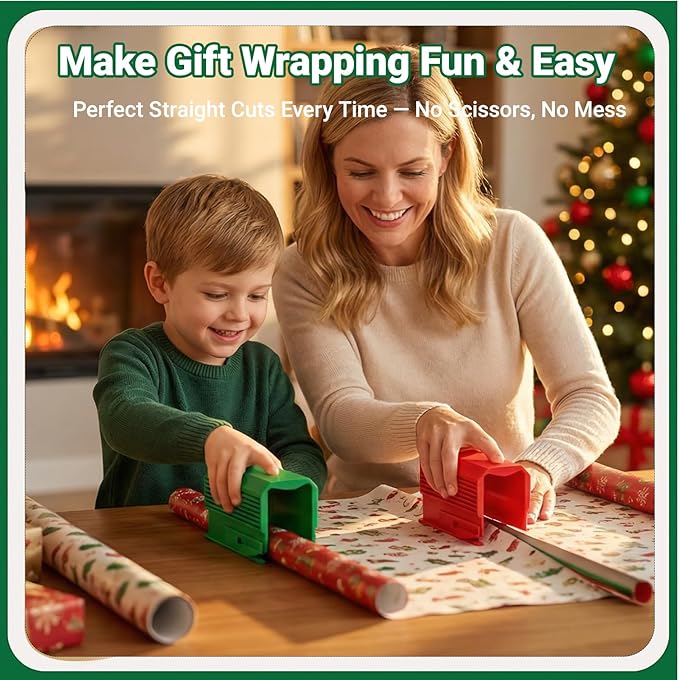 2PC Wrapping Paper Cutter Set | Gift Wrap Cutter Dual Blade Desktop Paper Roll Trimmer for Small Medium Jumbo Rolls | Wrapping Paper Roll Cutting Tool | Gift Wrap Gadgets for Crafts