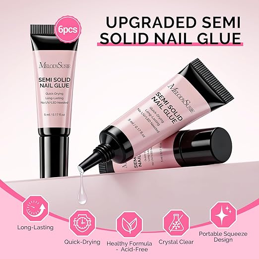 MelodySusie Super Strong Nail Glue, 6Pcs Semi Solid Nail Glue, Quick Drying No Need for UV Lamp Glue Gel Long Lasting for Fake Acrylic Press On Nails