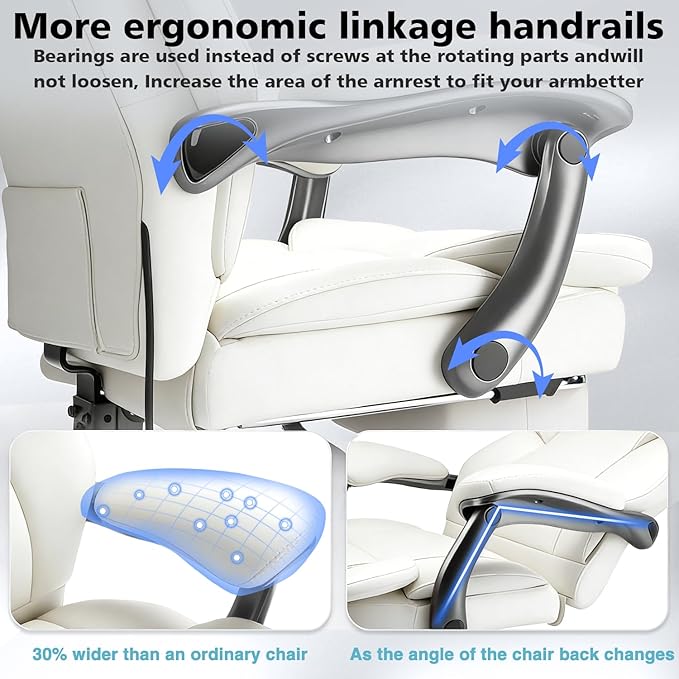 600lbs Big and Tall Office Chair for Heavy People,Heavy Duty Comfy Executive Office Desk Chair with Adjustable Lumbar Support,High Back Reclining PU Leather Computer Chair (Classic, White)