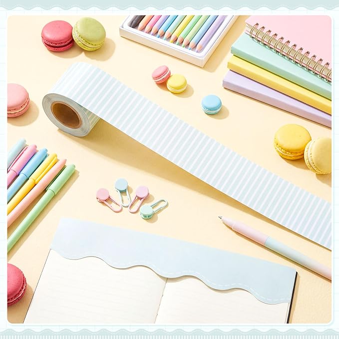 2 Rolls 65.6ft Pastel Green Striped Bulletin Board Borders Decoration Scalloped and Straight Edge Blue Bulletin Borders Board Trim for Office School Classroom Chalkboard Party Decoration