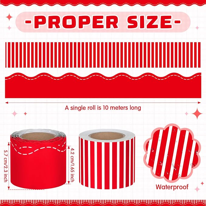 2 Rolls 65.6ft Red Striped Bulletin Board Borders Decoration Scalloped and Straight Edge Bulletin Borders Board Trim for Office School Classroom Chalkboard Party Decoration
