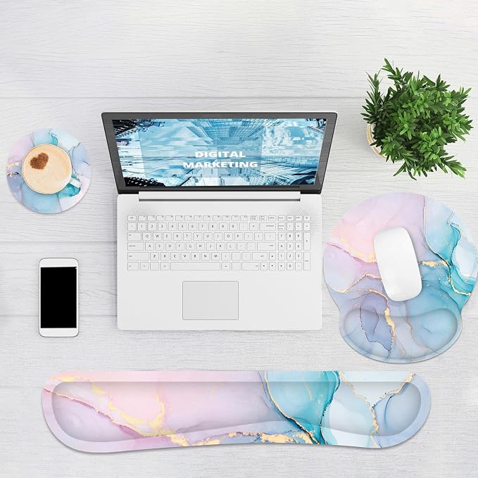 Ergonomic Mouse Pad with Wrist Rest and Keyboard Wrist Rest, Mousepad | Memory Foam Wrist Rest for Computer Keyboard, Pain Relief, Non-Slip Base, Mouse Pad Wrist Support for Gaming, Blue Marble