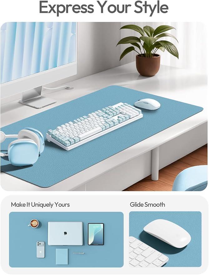 YSAGi Leather Desk Protector, Office Mat, Large Mouse Pad, Non-Slip PU Leather Blotter, Laptop Desk, Waterproof Writing Pad for Office and Home (Sea Blue, 35.4" x 17")
