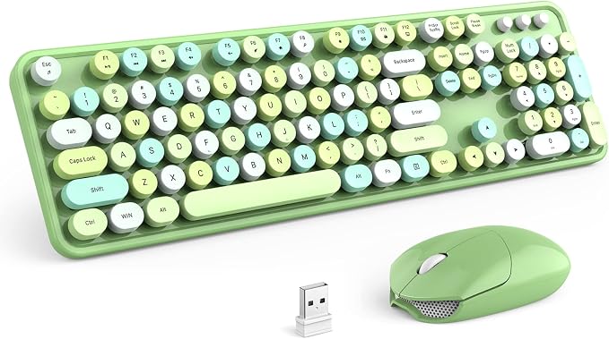 KNOWSQT Wireless Keyboard and Mouse Combo, Green 104 Keys Full-Sized 2.4 GHz Round Keycap Colorful Keyboards, USB Receiver Plug and Play, for Windows, Mac, PC, Laptop, Desktop
