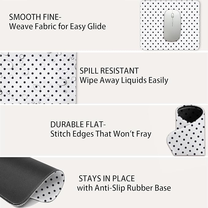 Mouse Pad for Desk with Stitched Edge, Premium Cute Washable Mouse Pads. Computer Mousepad with Non-Slip Rubber Base, Mousepads for Laptop, 9.25x7.75x0.12 inch (Black Polka Dots)