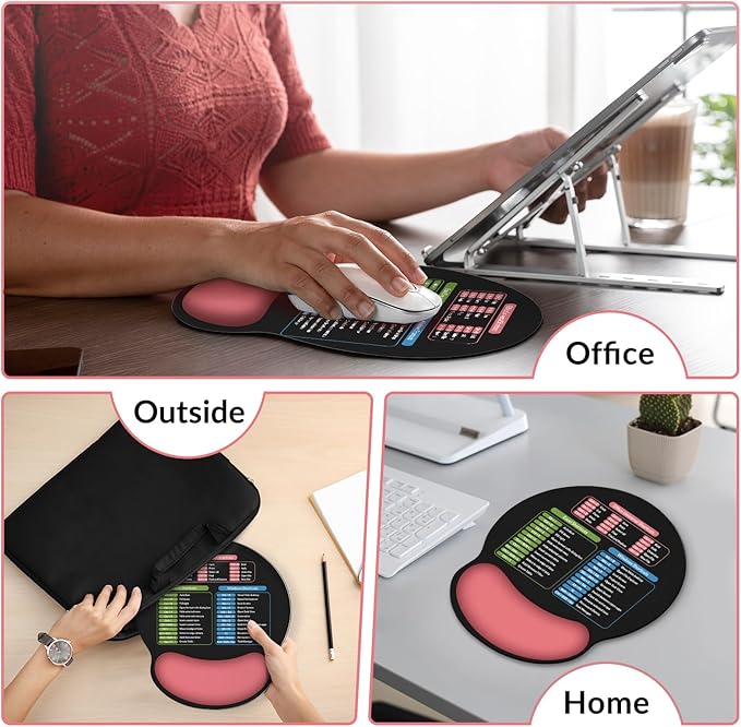 Ergonomic Mouse Pad with Wrist Rest, Small Excel Cheat Sheet Desk Pad with Windows & Office & Excel Shortcuts, Non-Slip Rubber Base Mouse Pads for Desk with Smooth Surface, Black Pink