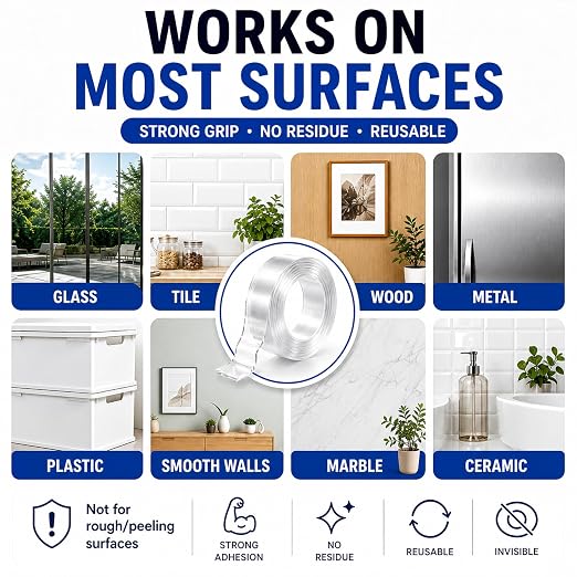 【1 Rolls Double Sided Tape Heavy Duty, Nano Clear Mounting Tape, Picture Hanging Poster Carpet Tape for Walls, Dorm Office School Outdoor, Removable Adhesive（9.85FTx1.2in
