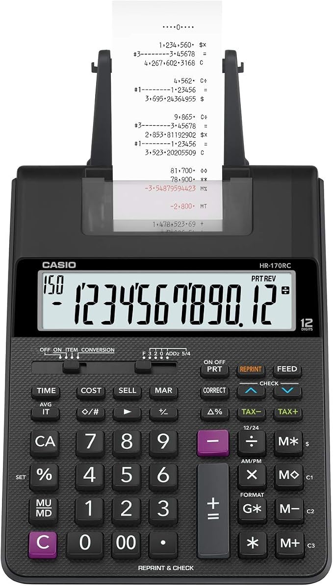 Casio HR-170RC Plus Mini Desktop Printing Calculator, Assorted | Check & correct, cost/sell/margin, dual-color print; ideal for taxes & bookkeeping