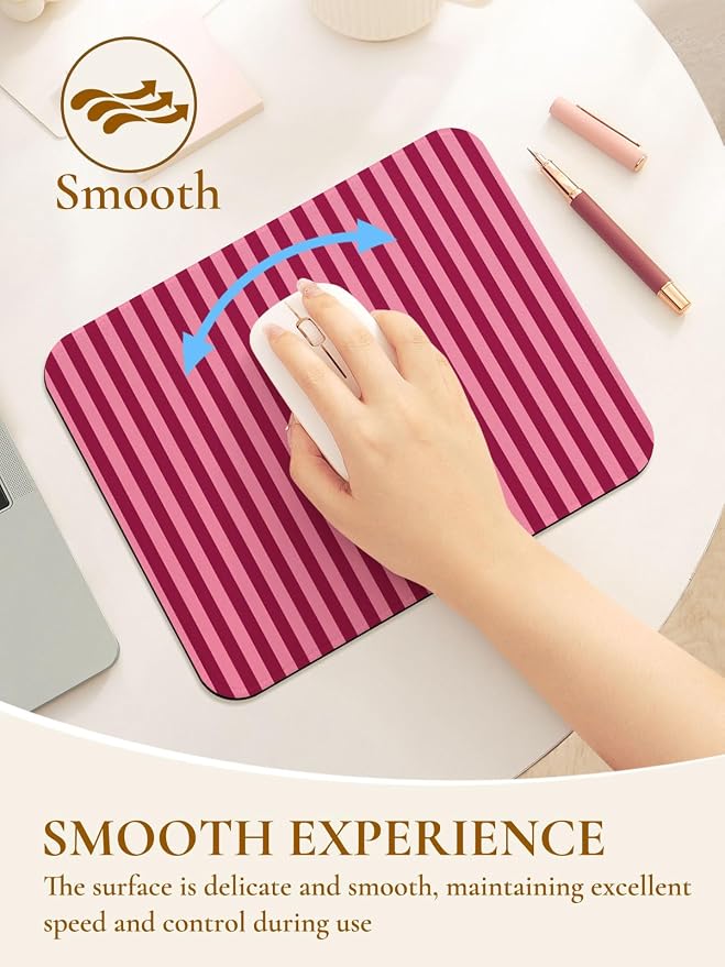 Square Cute Striped Mouse Pad with Stitched Edge, Premium Waterproof Cloth Aesthetic Small Stripe Mouse Mat, Non-Slip Rubber Base Funny Mousepad Desk Accessories,Striped Wine Red