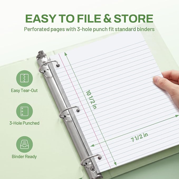 SUNEE Spiral Notebook, 1-Subject, Wide Ruled Paper, 8" x 10-1/2", 100 Sheets per Notebook, 3-Hole Punched Paper, Water Resistant Cover, Double-sided Pockets, Spiral Lined Notebooks for School, Green