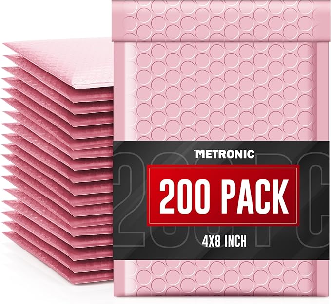 METRONIC 4x8 Bubble Mailers 200Pack, Waterproof Light Pink Padded Mailers, Self Seal Padded Envelope for Small Business Packaging Supplies Bubble Mailer Usable Size 4x7