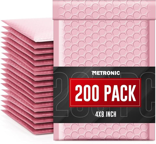 METRONIC 4x8 Bubble Mailers 200Pack, Waterproof Light Pink Padded Mailers, Self Seal Padded Envelope for Small Business Packaging Supplies Bubble Mailer Usable Size 4x7