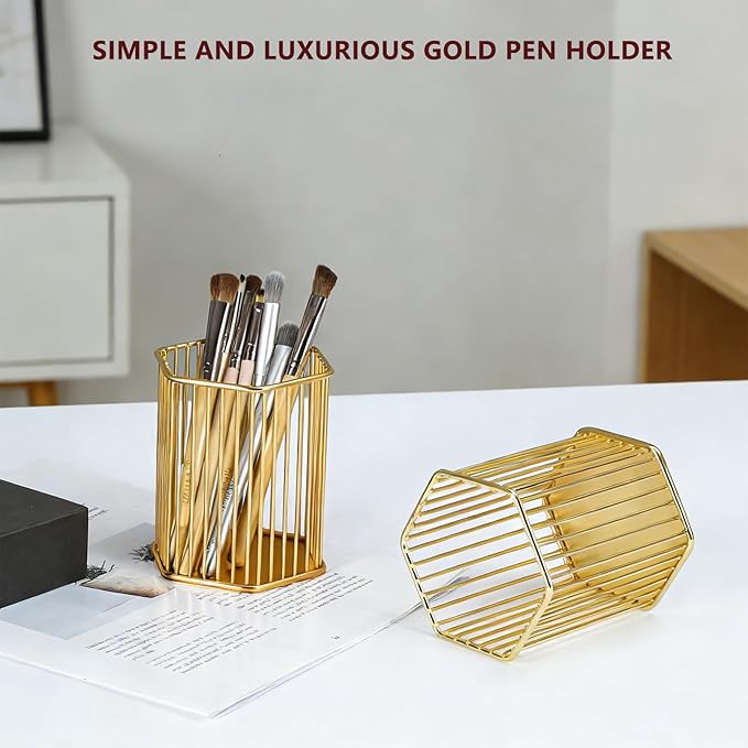 Gold Metal Pen Holder for Desk - Heavy Duty Makeup Brush Organizer Cup with, Pencil Holder for Office & Home, Storage for Stationery/Cosmetics/Art Supplies, Matte Finish, 4.8 Inch (Hexagon)