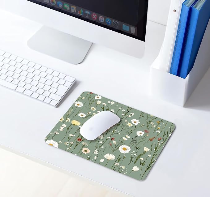 Green Floral Mouse Pad Small, Daisy Flower Mousepad, Wildflower Butterfly Mouse Pad for Laptop, Office, Gaming, Boho Plant Square Computer Pad, Coworker Gift for Women Girls