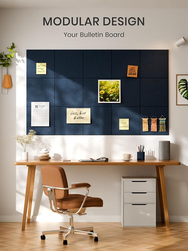 Bumusty 36"x 24" Large Felt Bulletin Board Tiles, Carbon Blue | 6-Pack Cork Board Alternative, Wall Decor, 30 Pushpins, 30 Adhesive Tabs, Vision Board, Office, Classroom, Home, Dorm