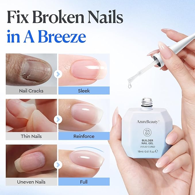 AZUREBEAUTY Clear Builder Nail Gel, 18ml 7-in-1 Nail Builder Gel for Extension, Strengthening, Apex Building & Rhinestone Glue, LED UV Cured Rubber Base Gel for Salon Home DIY