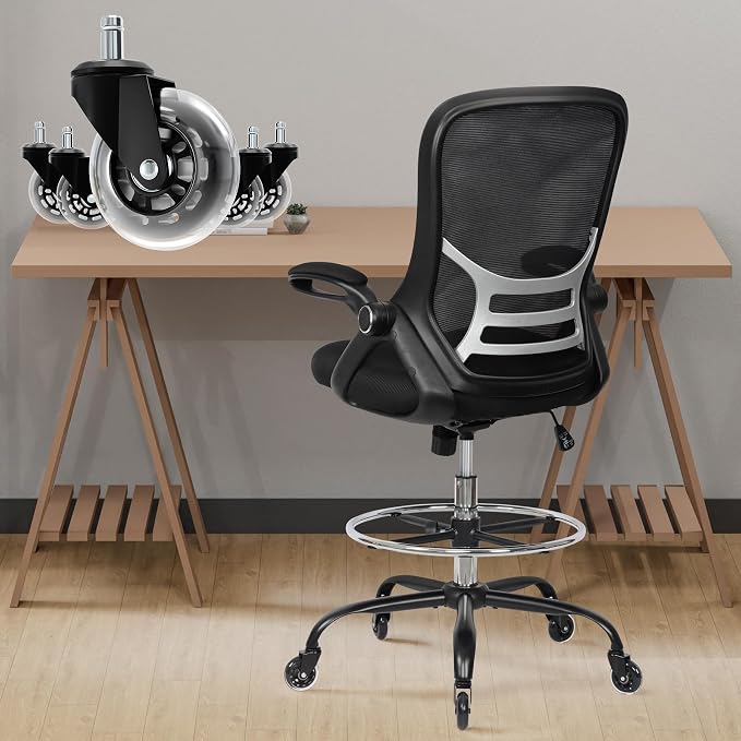 Drafting Chair Adjustable, Tall Office Chair Lumbar Support Ergonomic Standing Desk Chair Heavy Duty Tall Drafting Stool for Artists with Footrest Home Office Drafting Stool