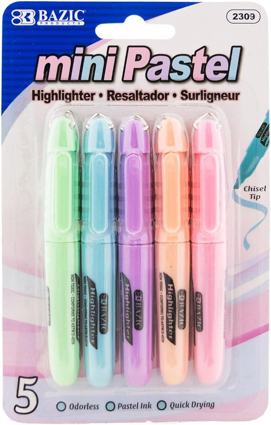 BAZIC Products Mini Highlighter Pen Pastel Color, Chisel Tip Broad Fine Line Highlighters Unscented (5/Pack), 1-Pack