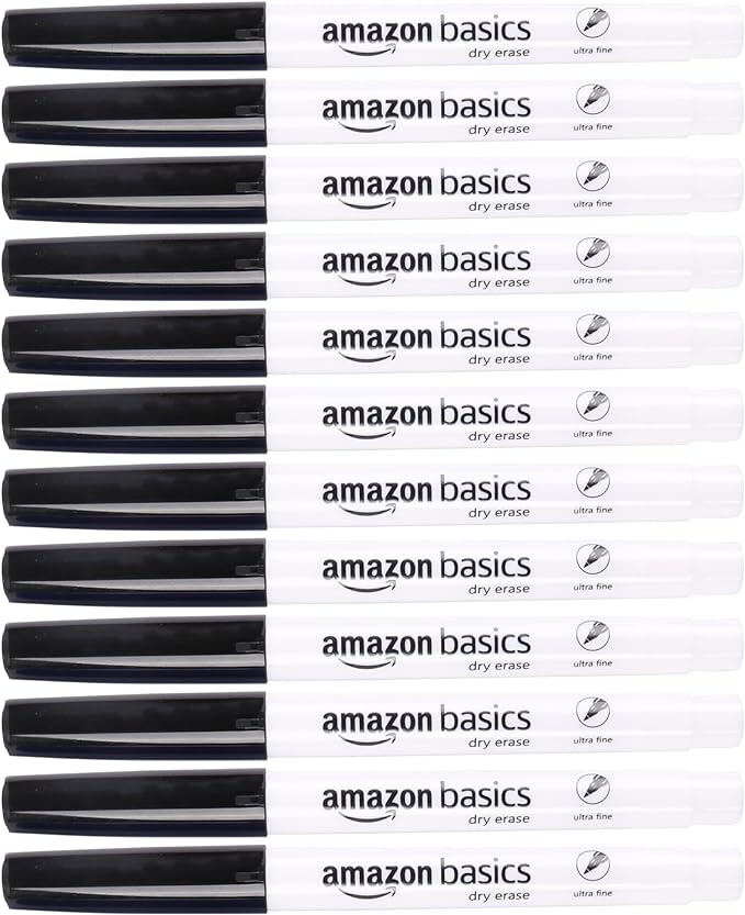 Amazon Basics Low Odor Ultra Fine Tip Dry Erase Whiteboard Markers for Teacher Supplies, Black, 12-Pack