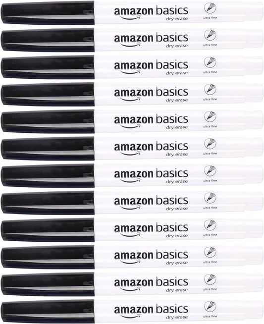 Amazon Basics Low Odor Ultra Fine Tip Dry Erase Whiteboard Markers for Teacher Supplies, Black, 12-Pack