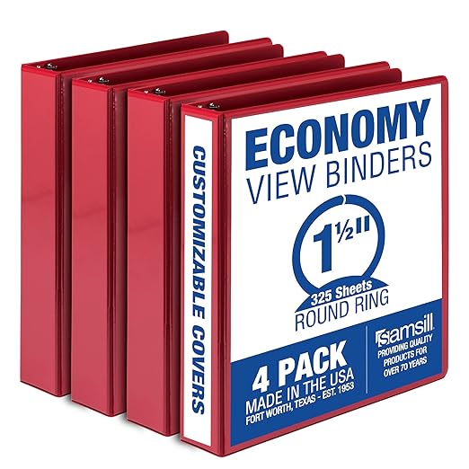 Samsill 1.5 Inch 3 Ring Binders, Economy Round Ring, Clear View Cover, 325 Sheet Capacity - for School, Home, Office - Red, 4 Pack