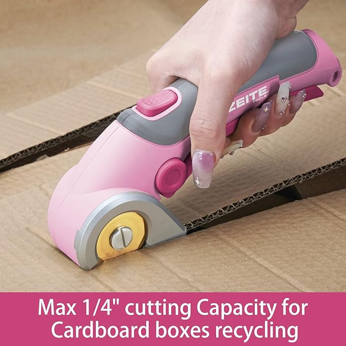 ZEITE 4V Cordless Scissors,Electric Cardboard Box Cutter with Titanium Coated HSS Blades,Ideal for Cardboard Leather Carpet Fabric Cutting and recycling,Gifts for Men & Women,Storage Case,Pink