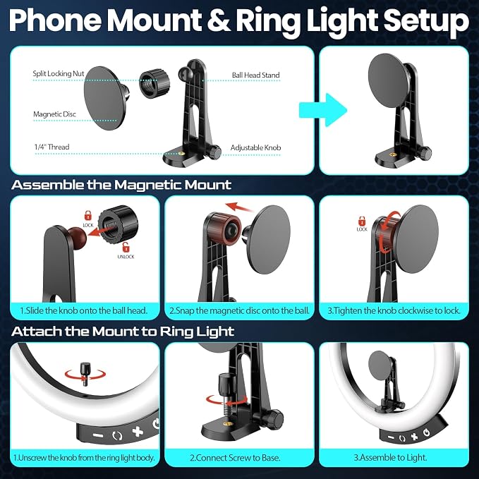 UBeesize 12'' LED Ring Light with 62'' Tripod Stand and Magnetic Phone Holder, Selfie Ring Light for Video Recording, Live Streaming, Compatible with iPhone & Android (Black)