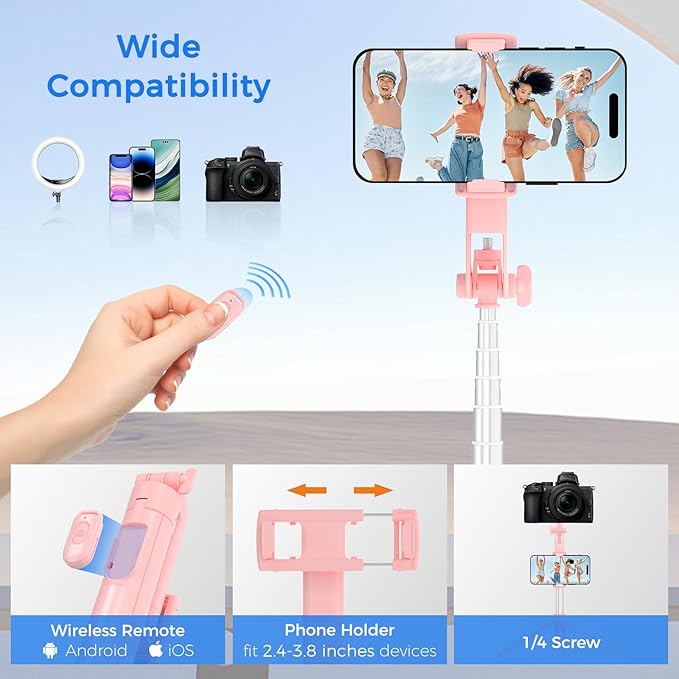 Selfie Stick Travel Tripod for Cell Phone with Remote Control and Phone Holder, Extendable Selfie Stick for iPhone, iPhone Tripod for Video Recording, 50 Inch, Pink