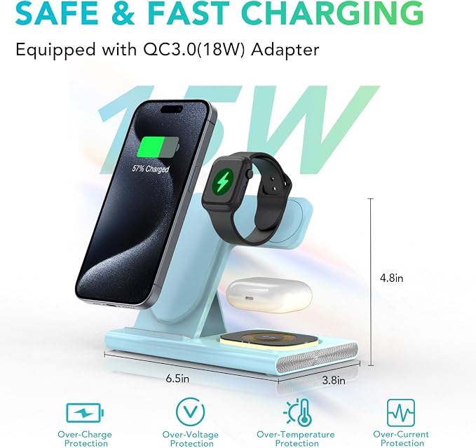 3 in 1 Foldable Wireless Fast Charging Station for Apple Multiple Devices | iPhone Charging Station for iPhone 17, Travel iWatch Charger Stand, Light Nightstand Charging Dock for Apple Watch/Airpods