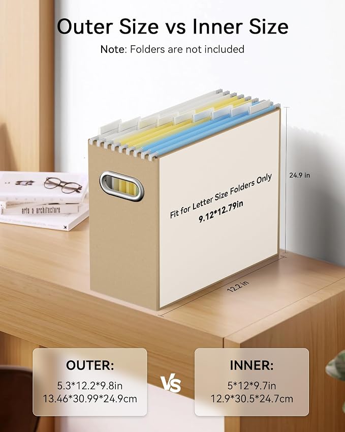 Portable Collapsible Cardboard File Box with Handle for Letter-Size | 4-Pack. Stainless Steel Handle. Label Stickers Included. Fits Letter Folders (Not Included). Home, Office, School, Dorm, Tax.