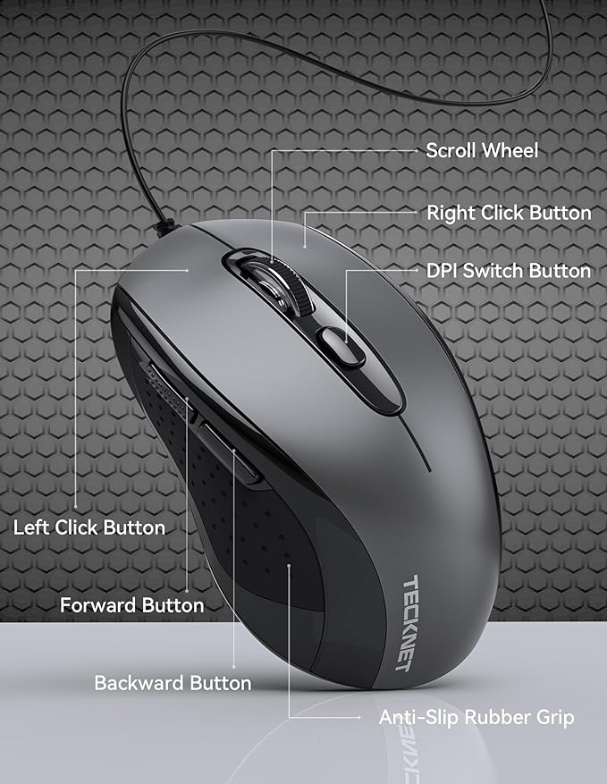 TECKNET USB-A Wired Mouse for Laptop Computer with 6-Button,Home and Office 5FT Corded Mouse, 3600DPI Ergo-Optic Shape PC Mouse Wired for Chromebook,PC,Desktop,Notebook- Grey