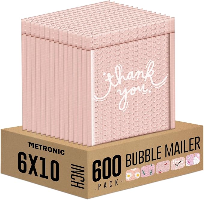 METRONIC Bubble Mailers 6x10 Inch 600 Pack Thank You Pink Padded Mailers | Usable Size 6x9 Waterpoof Pretty Strong Adhesion Bubble Envelopes for Small Business Shipping Clothes Small Items