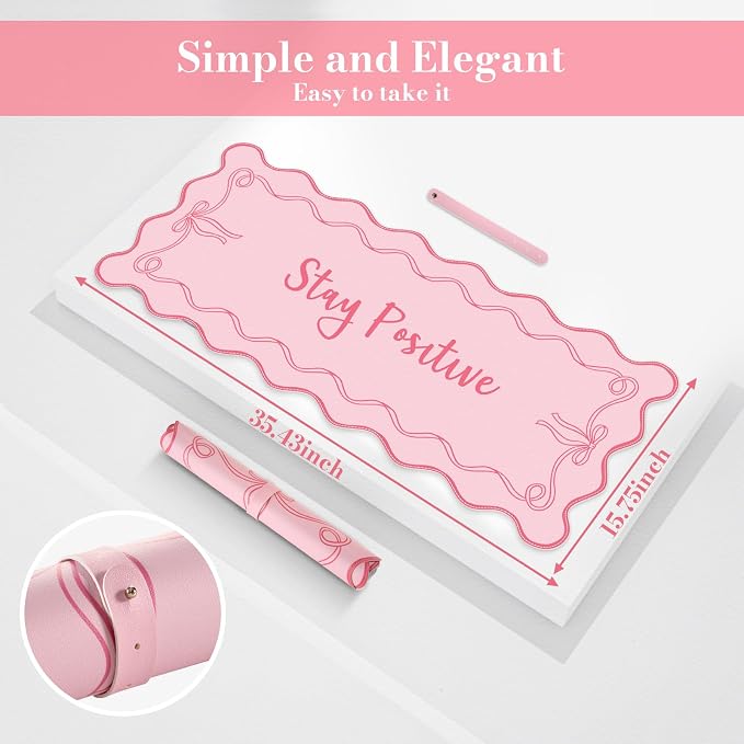 iCasso Pink Mouse Pad, Scalloped Desk Cover Mat, Leather Waterproof Desk Pad Mat for Desktop Protector, Non-Slip XXL Big Mousepad for Computer Keyboard Office Dorm Desk -Stay Positive