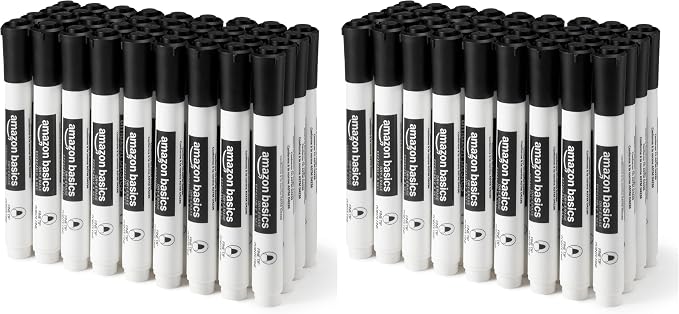 Amazon Basics Low-Odor Dry Erase Whiteboard Markers, Fine Tip, Quick-Dry, Black, 72-Pack