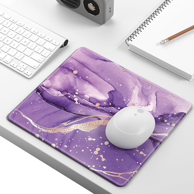 Mouse Pad, Minimalism Marble Style Computer Pad, Anti-Slip Rubber Mouse Mat with Stitched Edges for Gaming, Office, Laptop, PC, Women, 9" x 8" Thick 3 mm, Purple Marble