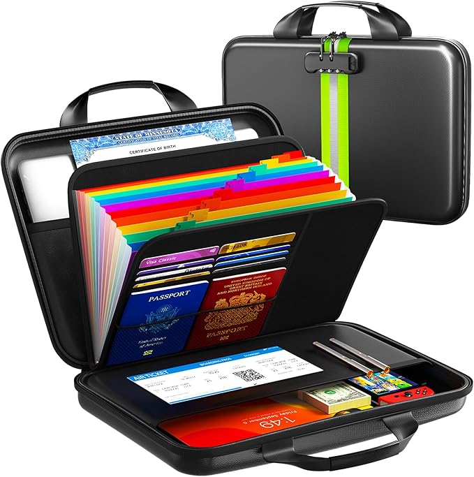 Fireproof Accordion File Organizer with Lock,Hard-Shell Fireproof Document Box with 13 Pockets for Certificates, Passports Laptop Important Documents Portable Home Office Travel Safe Storage